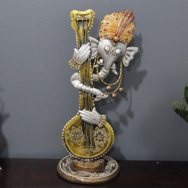 Antique Metal Ganesha with Guitar Showpiece - ArtyCraftz.com