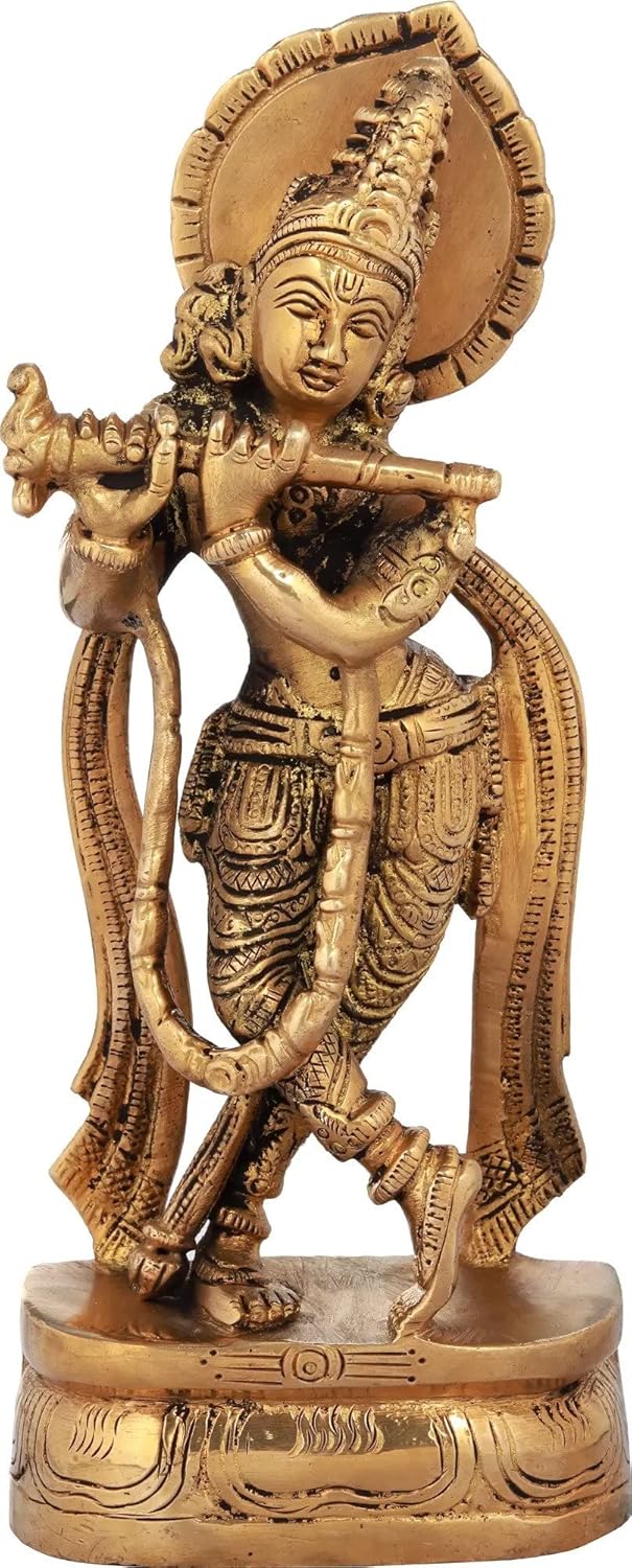 Artisan Crafted Brass Krishna Sculpture with Flute Main View-ArtyCraftz.com