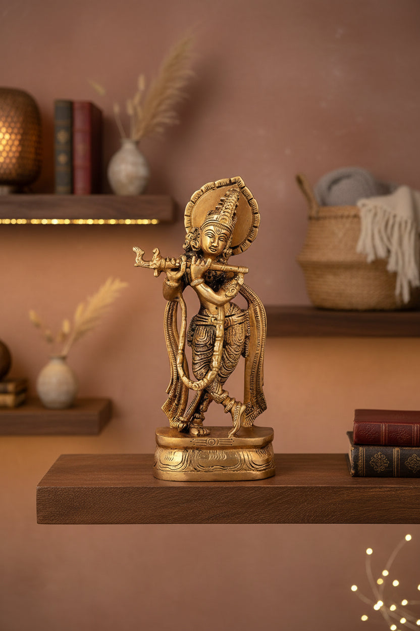 Artisan Crafted Brass Krishna Sculpture with Flute-ArtyCraftz.com