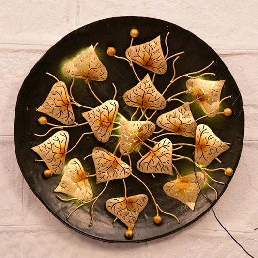 Handcrafted Metal Thaal with Leaf on Led for Wall Decor
