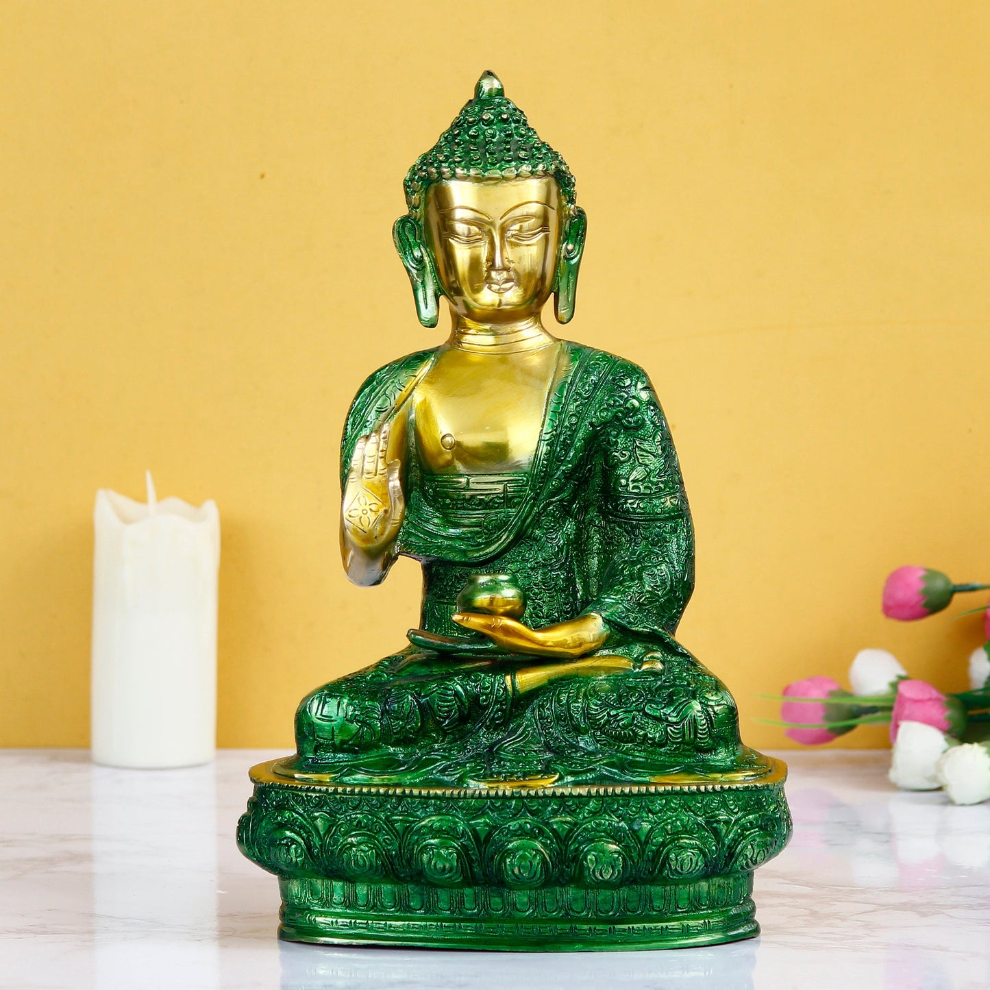 bgb511-ecraftindia-golden-and-green-premium-meditating-blessing-big-buddha-brass-antique-artifact-1