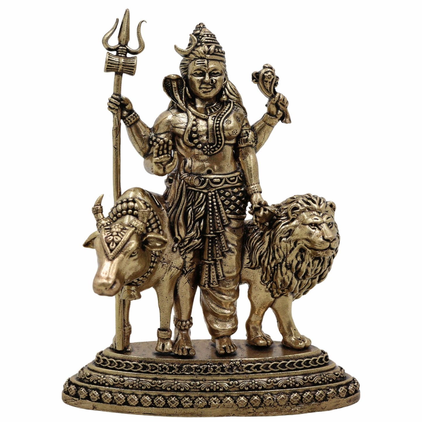 Bronze statue of a deity with a trident, holding a lion and a bull on a white background