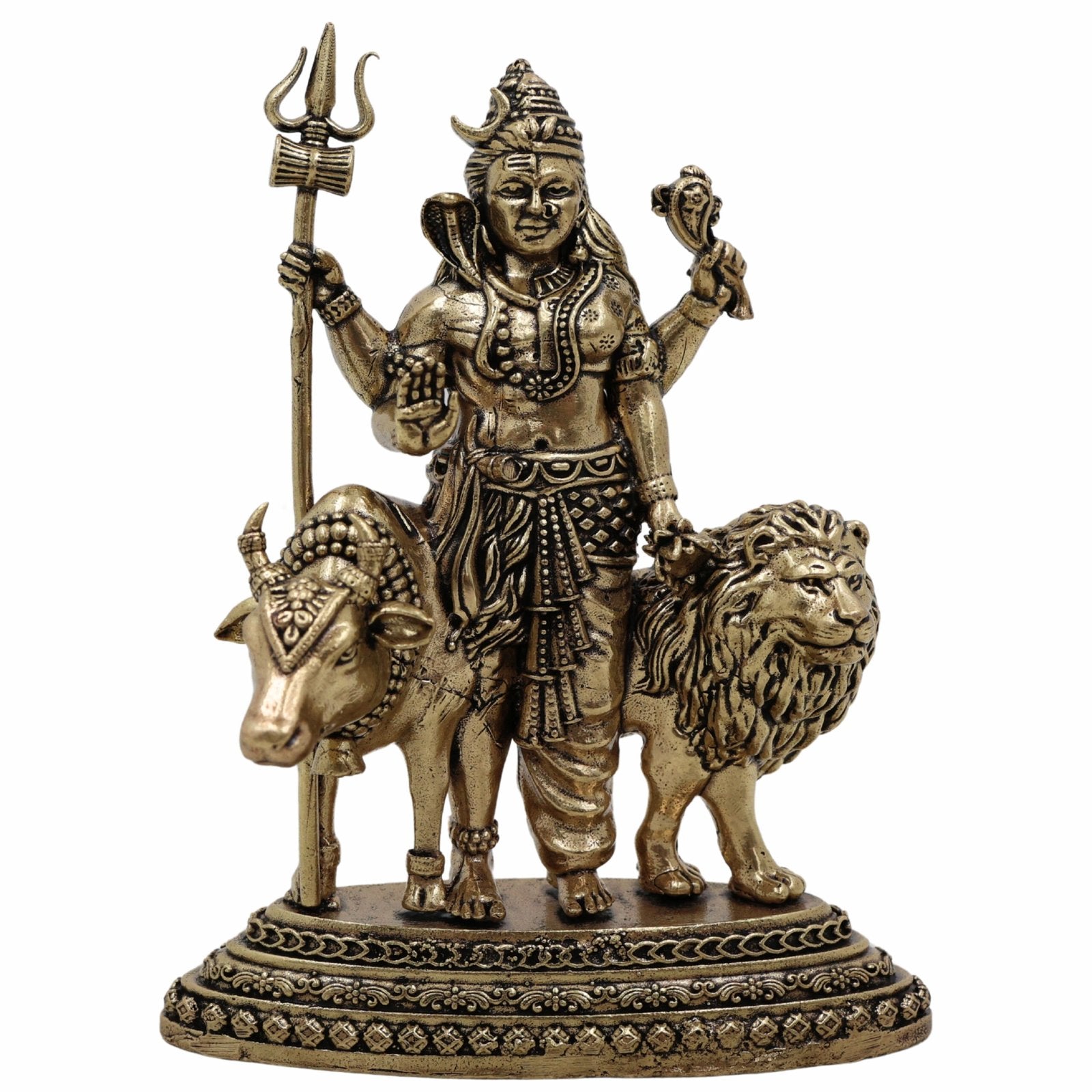 Bronze statue of a deity with a trident, holding a lion and a bull on a white background
