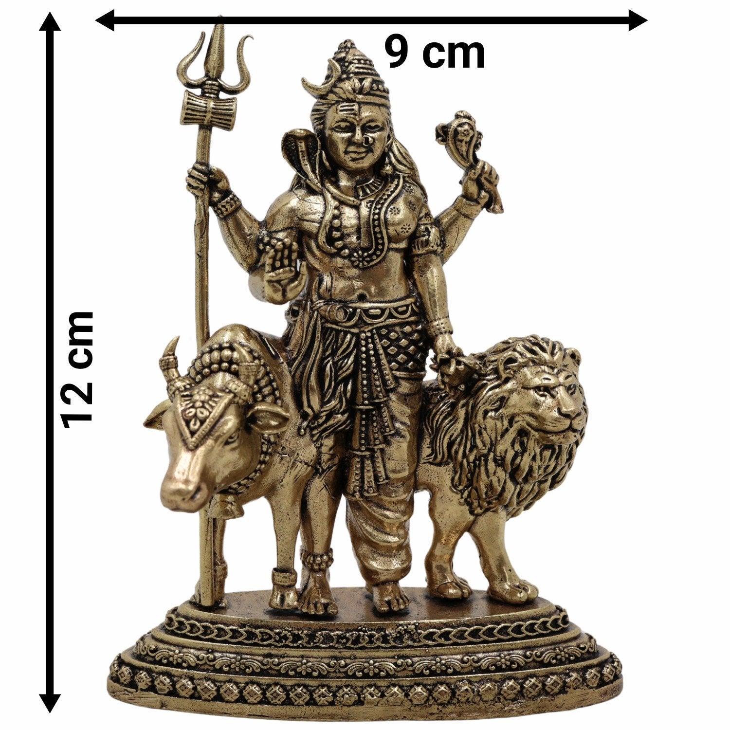 Bronze statue of a deity with a trident, holding a bull and a lion, with measurements indicated.