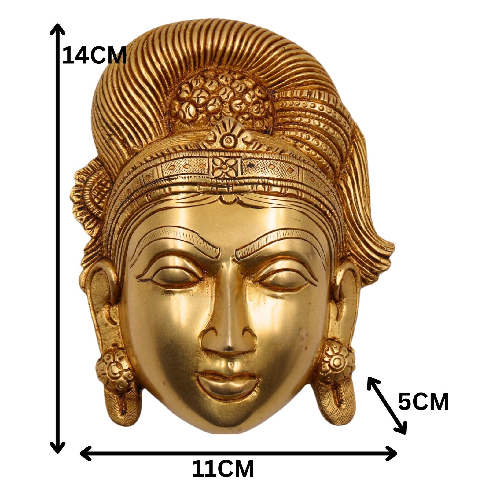 Gold-colored decorative mask with measurements