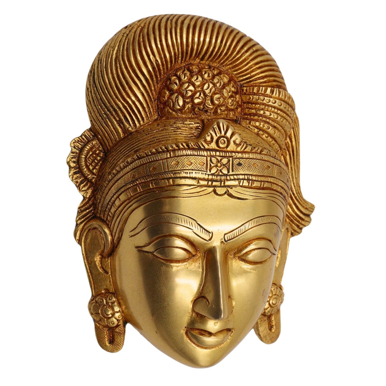 Gold mask with intricate designs on a white background