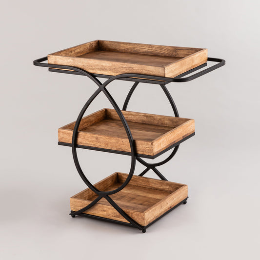 Three-tiered serving tray with wooden trays and black metal frame