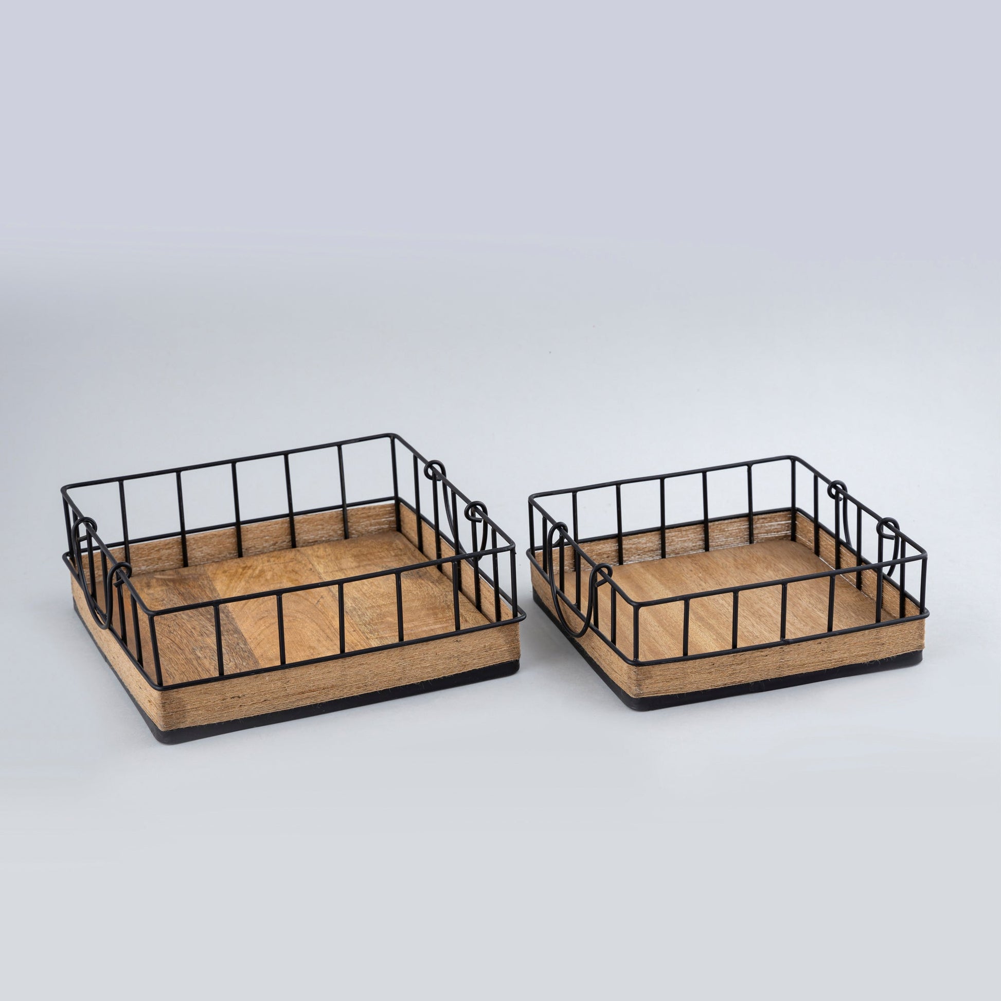 Two wooden trays with metal frames