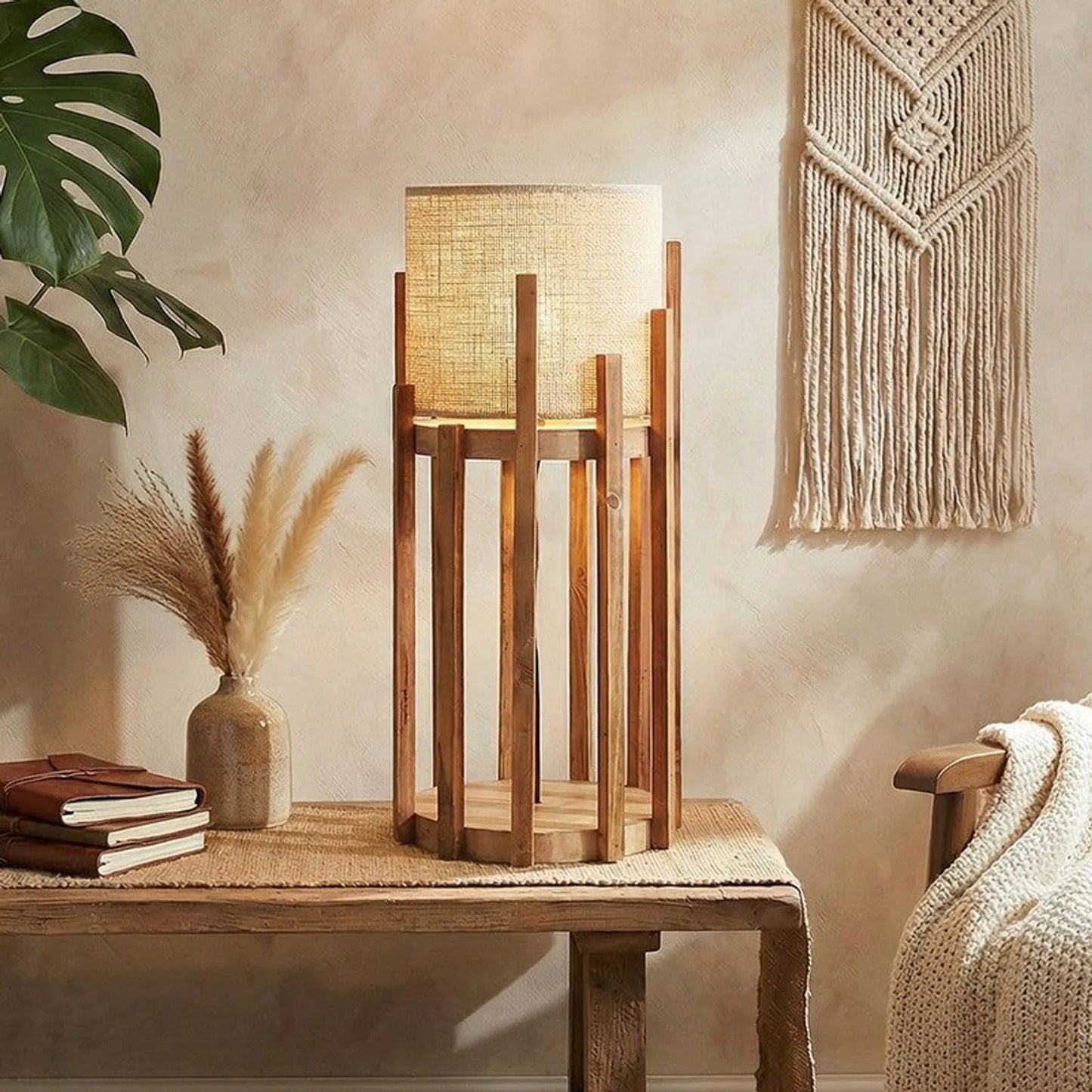 Bastian Wooden Table Lamp with Brown Base and Premium White Fabric Lampshade
