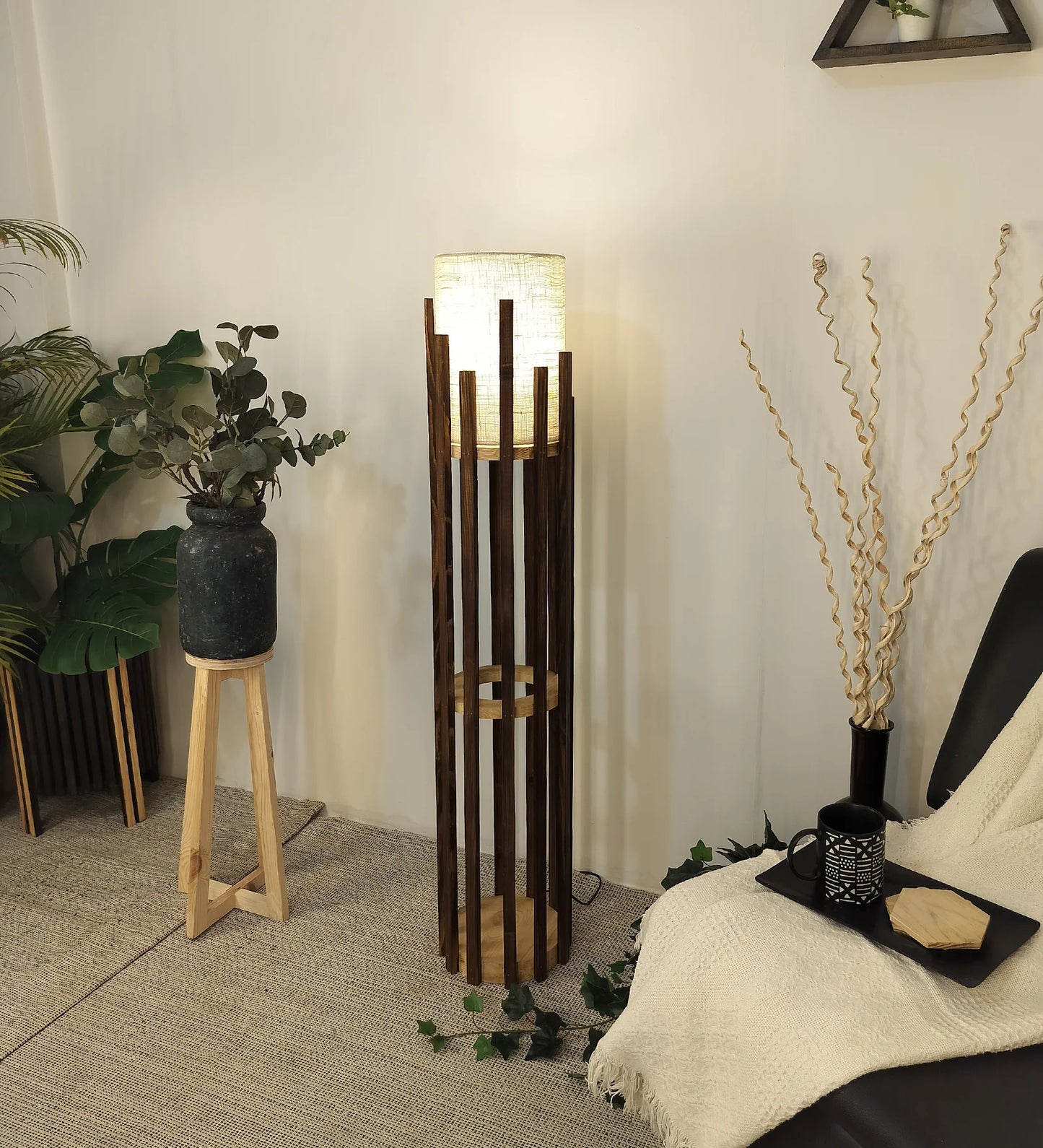 Bastian Wooden Floor Lamp with Brown Base and White Fabric Lampshade - ArtyCraftz.com