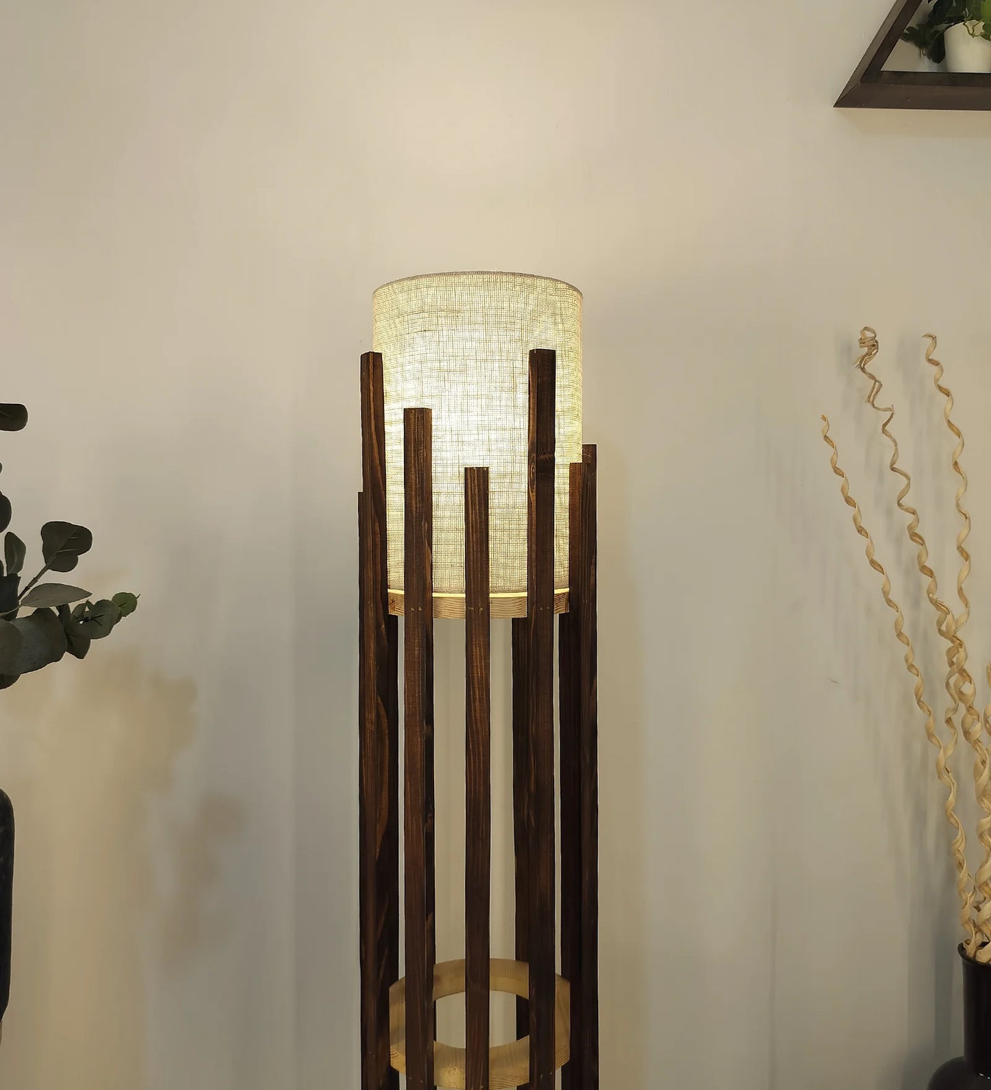 Bastian Wooden Floor Lamp with Brown Base and White Fabric Lampshade - ArtyCraftz.com