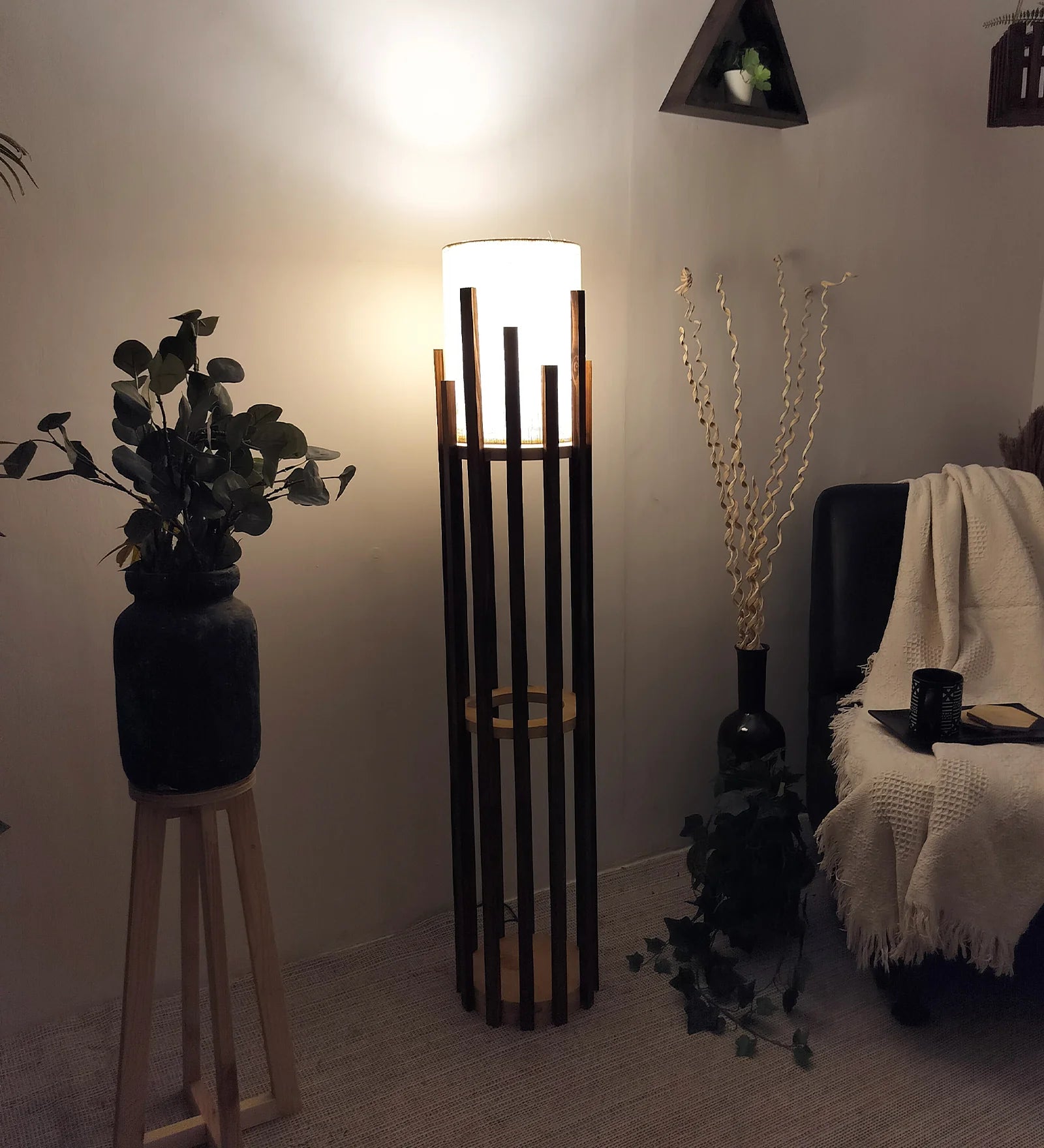 Bastian Wooden Floor Lamp with Brown Base and White Fabric Lampshade - ArtyCraftz.com