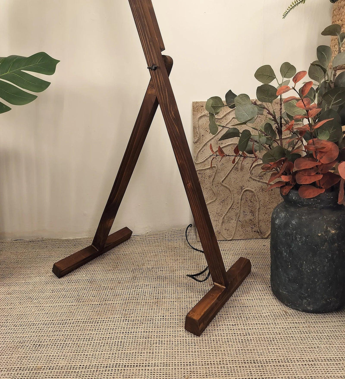 Benji Wooden Floor Lamp with Brown Base and Beige Fabric Lampshade - ArtyCraftz.com