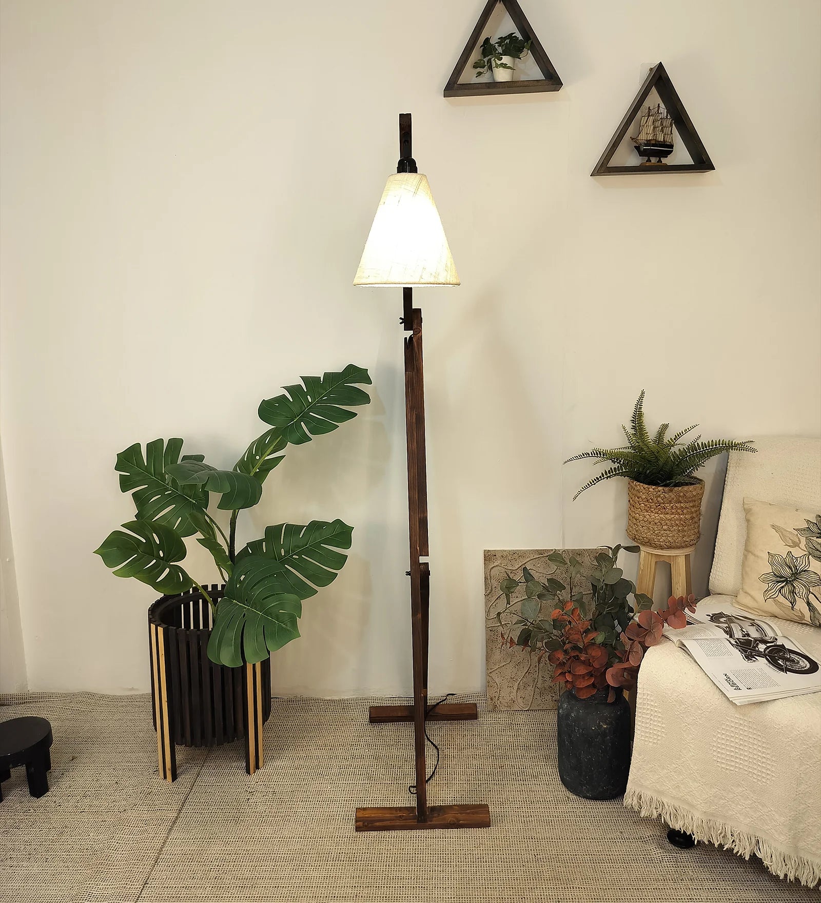 Benji Wooden Floor Lamp with Brown Base and Beige Fabric Lampshade - ArtyCraftz.com