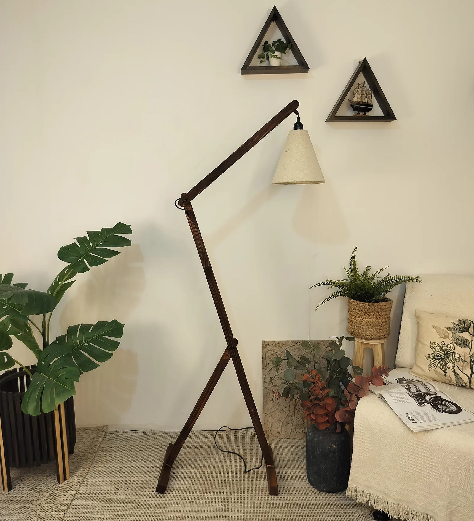 Benji Wooden Floor Lamp with Brown Base and Beige Fabric Lampshade - ArtyCraftz.com