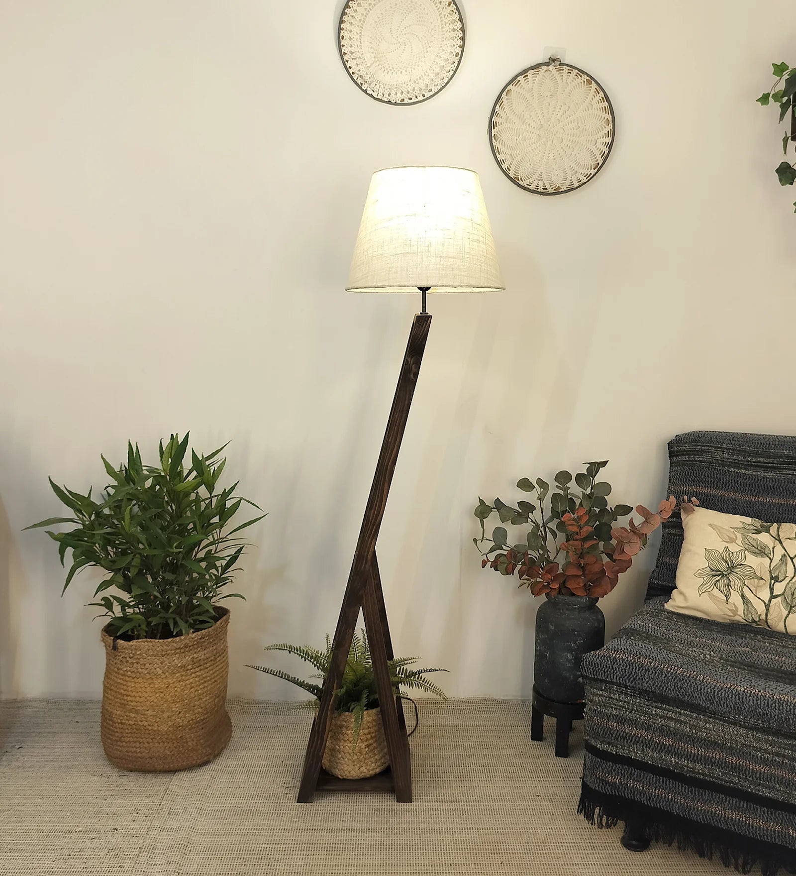 Bezalel Wooden Floor Lamp with Brown Base and Beige Fabric Lampshade - ArtyCraftz.com