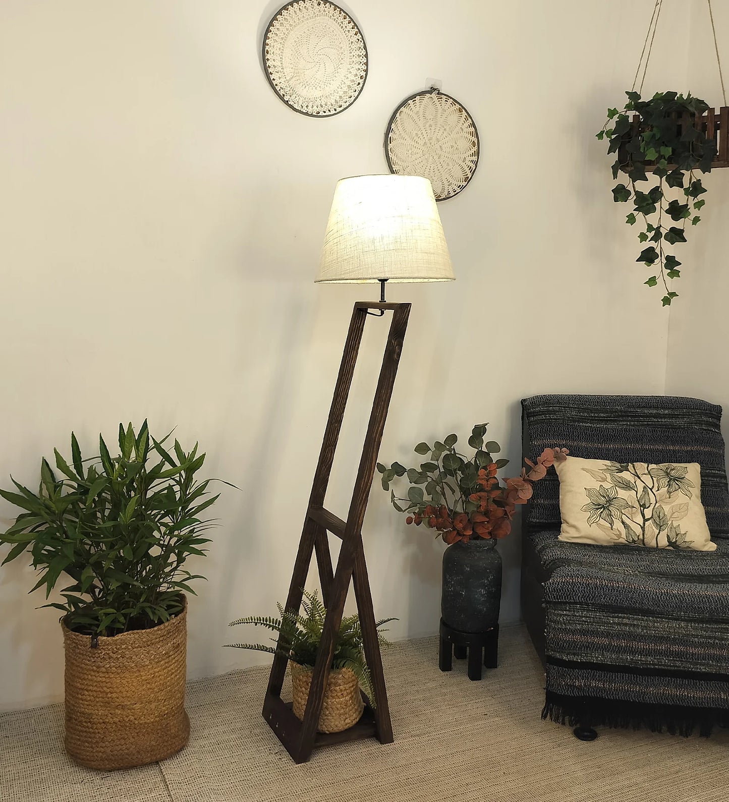 Bezalel Wooden Floor Lamp with Brown Base and Beige Fabric Lampshade - ArtyCraftz.com