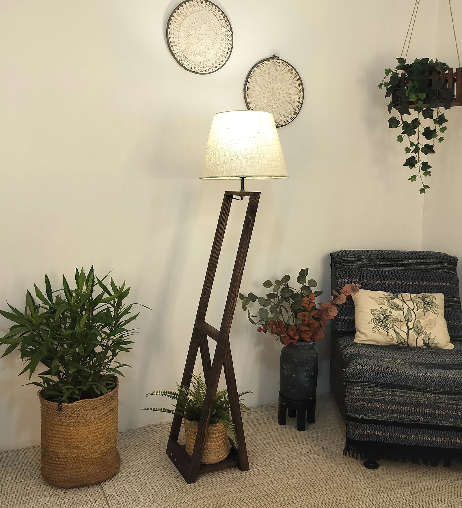 Bezalel Wooden Floor Lamp with Brown Base and Beige Fabric Lampshade - ArtyCraftz.com