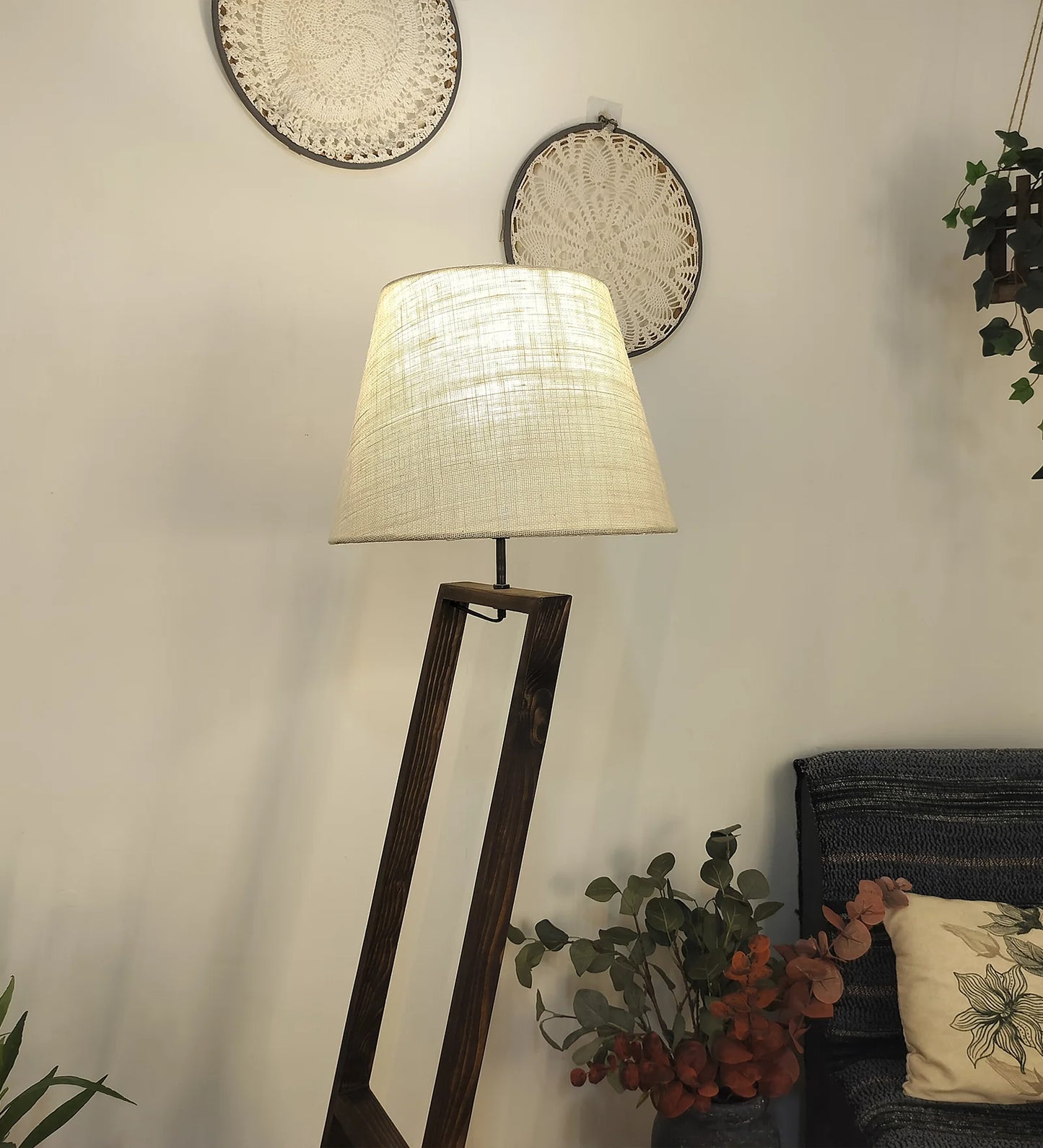 Bezalel Wooden Floor Lamp with Brown Base and Beige Fabric Lampshade - ArtyCraftz.com