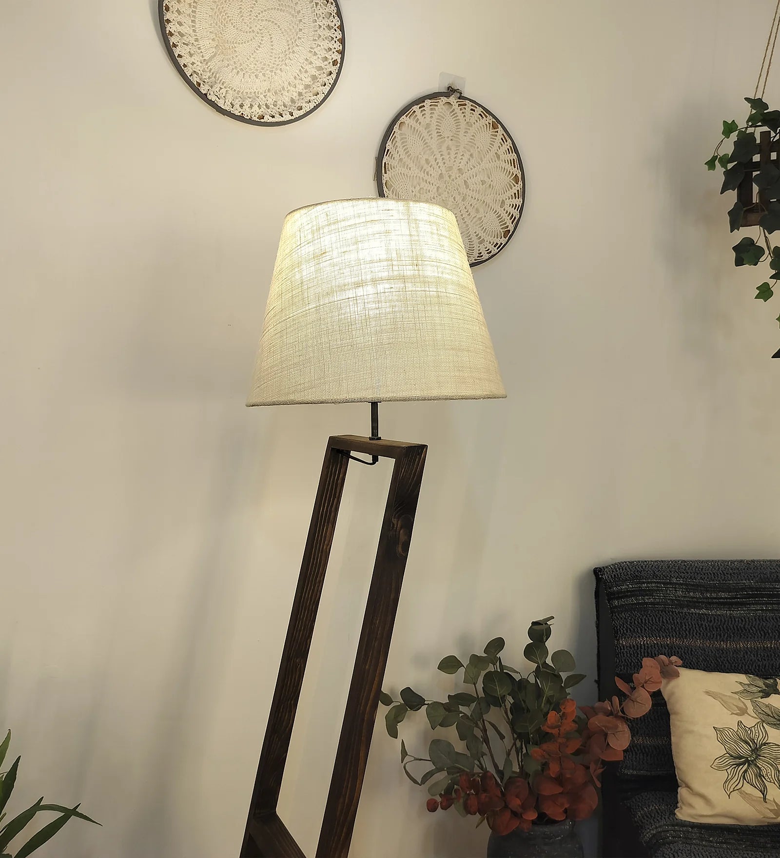 Bezalel Wooden Floor Lamp with Brown Base and Beige Fabric Lampshade - ArtyCraftz.com
