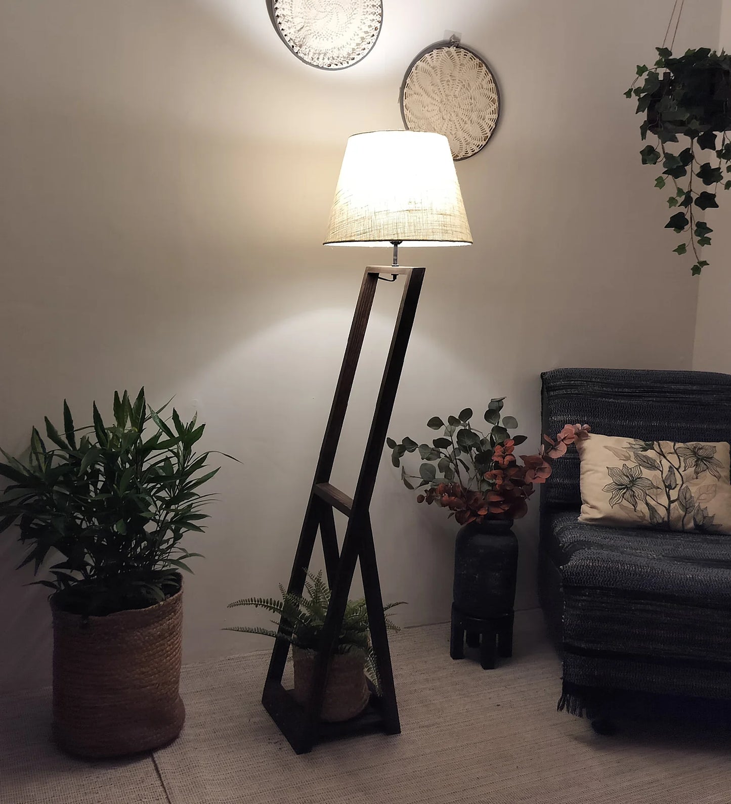 Bezalel Wooden Floor Lamp with Brown Base and Beige Fabric Lampshade - ArtyCraftz.com