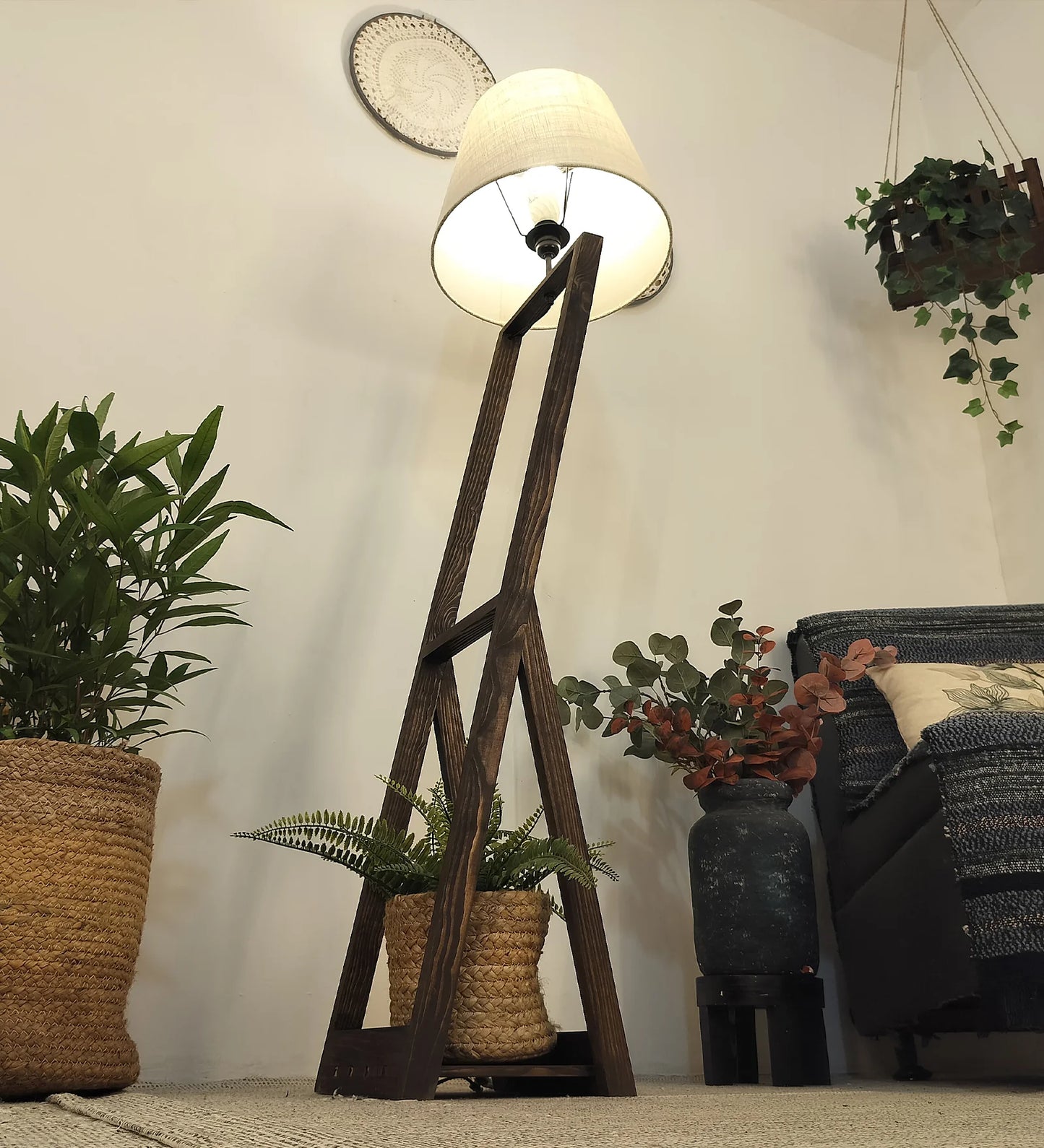 Bezalel Wooden Floor Lamp with Brown Base and Beige Fabric Lampshade - ArtyCraftz.com