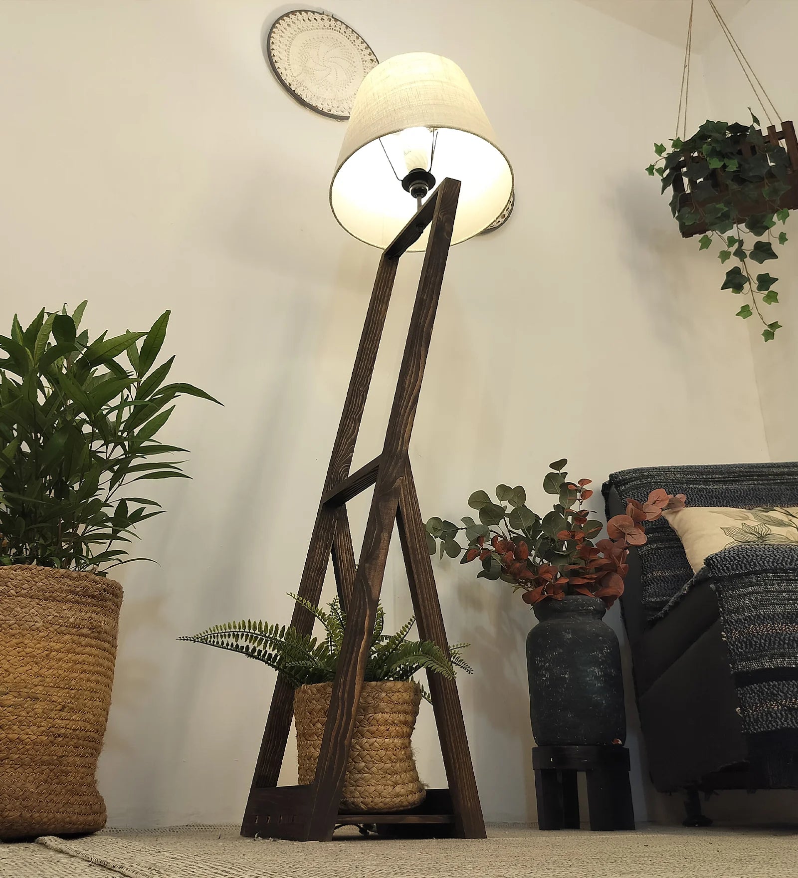 Bezalel Wooden Floor Lamp with Brown Base and Beige Fabric Lampshade - ArtyCraftz.com