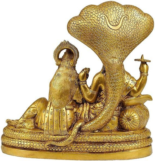 Bhagavan Vishnu and Devi Lakshmi Seated on Sheshnag - Brass Statue, Height : 10"