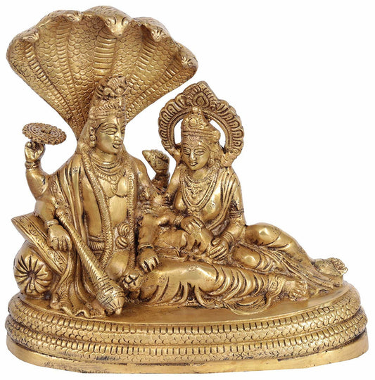 Bhagavan Vishnu and Devi Lakshmi Seated on Sheshnag - Brass Statue, Height : 10" - ArtyCraftz.com