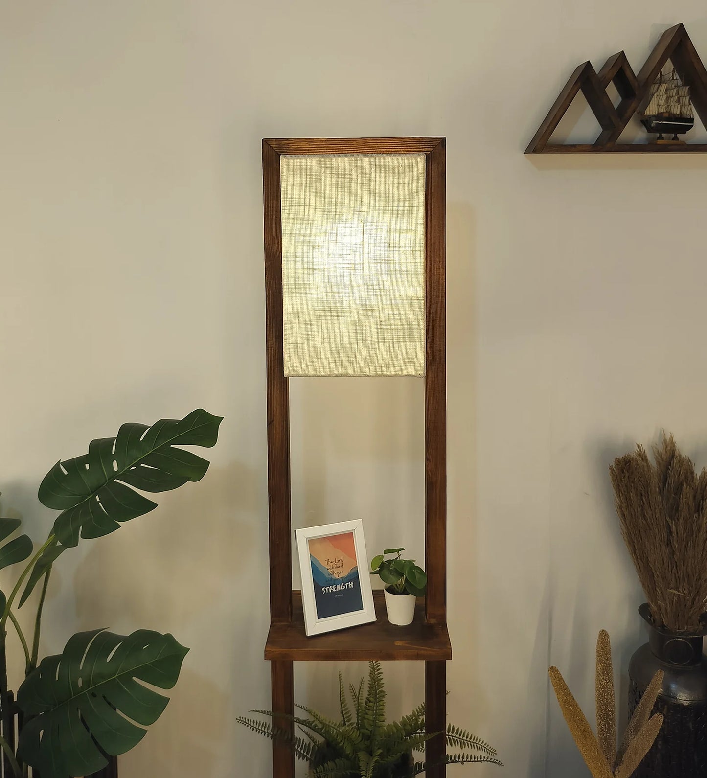 Biped Wooden Floor Lamp with Brown Base and Beige Fabric Lampshade - ArtyCraftz.com