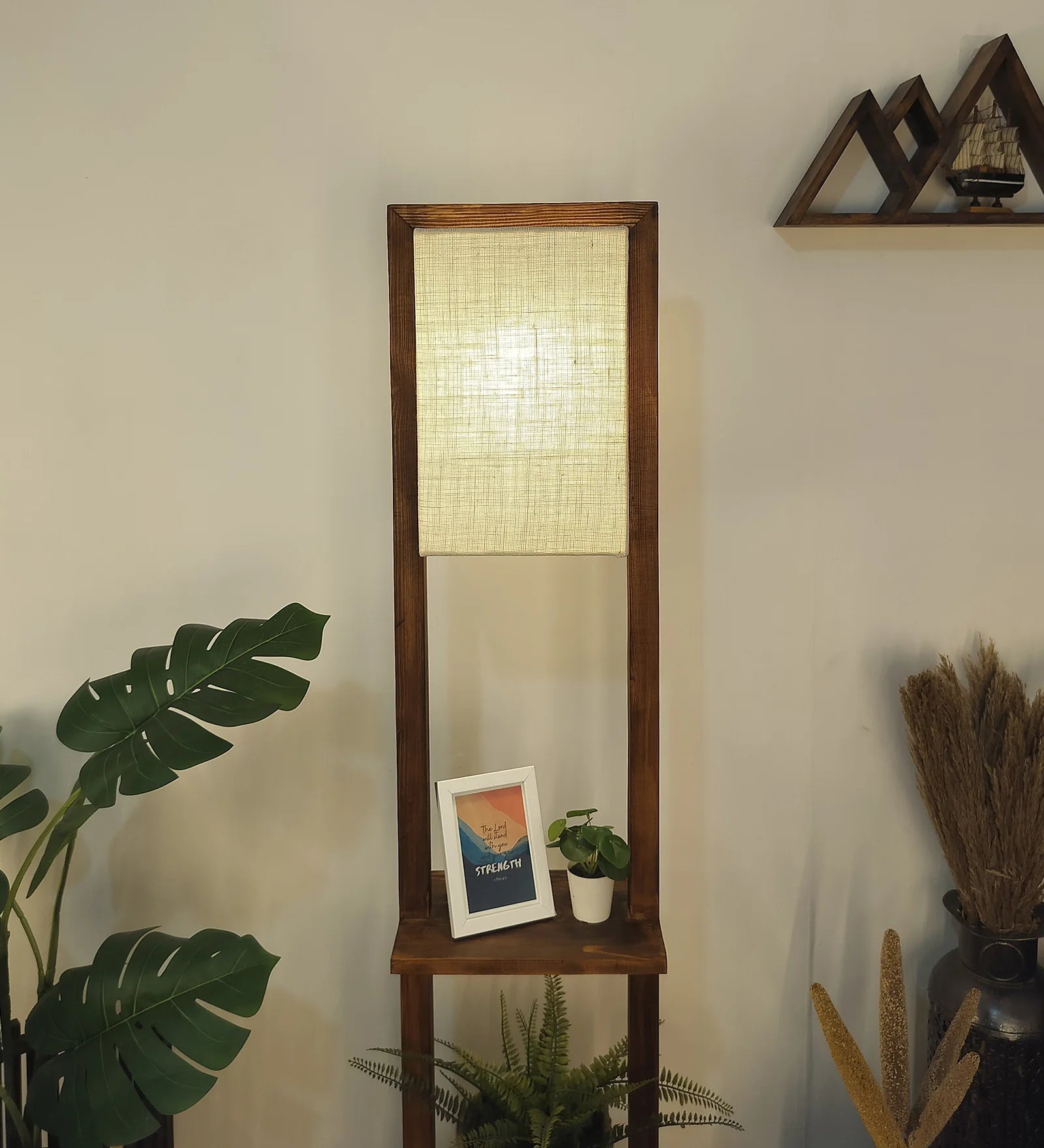 Biped Wooden Floor Lamp with Brown Base and Beige Fabric Lampshade - ArtyCraftz.com