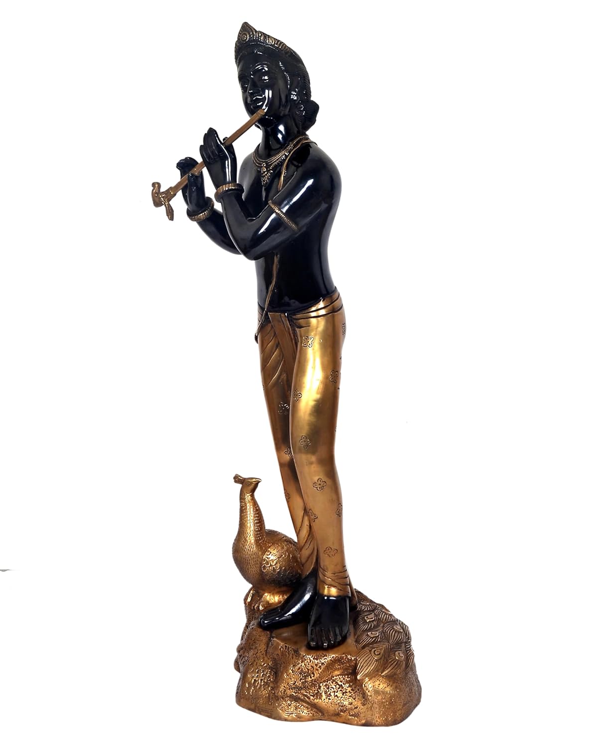 Black Gold Handcrafted Brass Krishna Statue with Peacock-ArtyCraftz.com