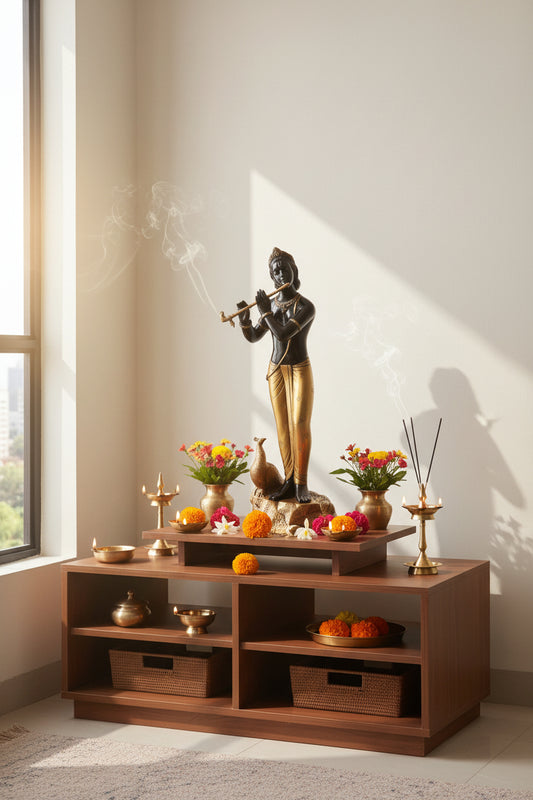 Black Gold Handcrafted Brass Krishna Statue with Peacock-ArtyCraftz.com