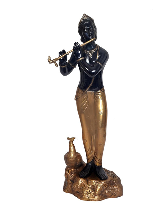Black Gold Handcrafted Brass Krishna Statue with Peacock-ArtyCraftz.com