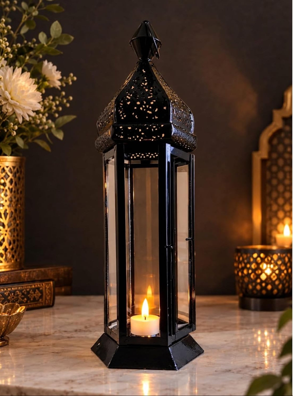 Black Iron Moroccan Lantern Candle Holder-artycraftz.com