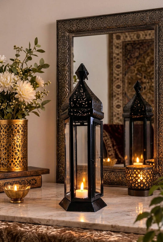 Black Iron Moroccan Lantern Candle Holder-artycraftz.com