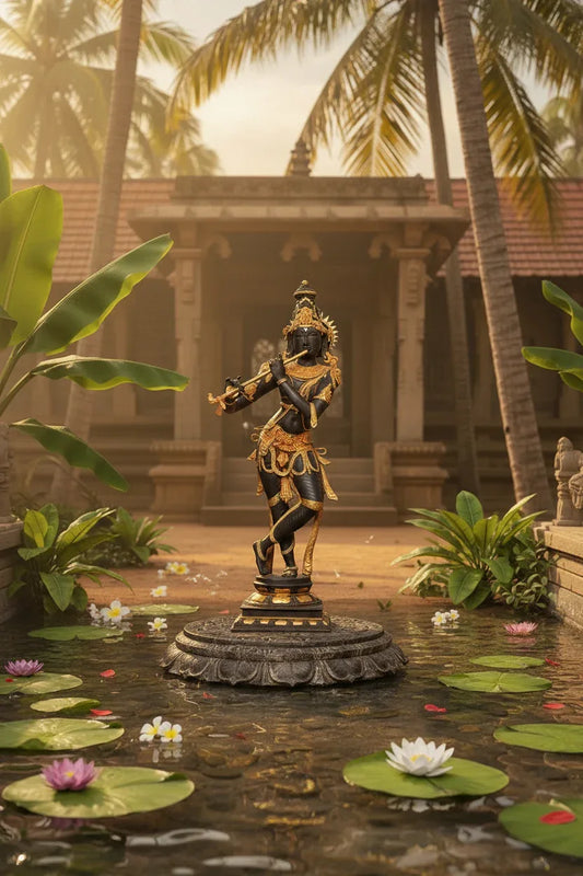 Monumental 36-inch solid brass Krishna idol in Tribhanga pose playing flute — dramatic black and gold two-tone finish with ornate gold jewellery, garland and crown on stepped base — ArtyCraftz
