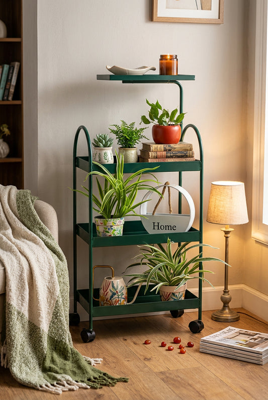 Black multi-tier iron moving plant rack with wheels displaying potted plants and home decor accessories.-artycraftz.com