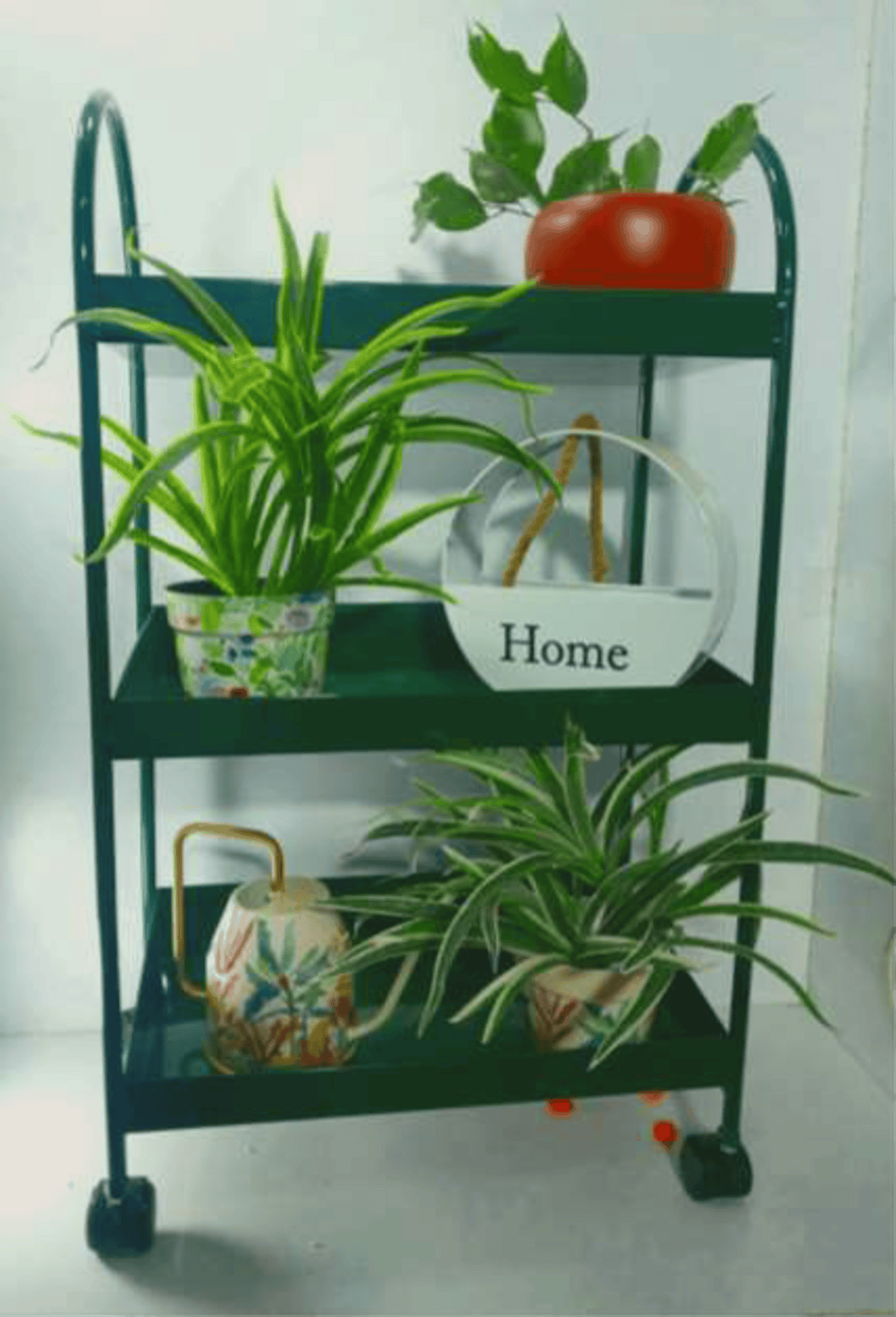 Black multi-tier iron moving plant rack with wheels displaying potted plants and home decor accessories.-artycraftz.com