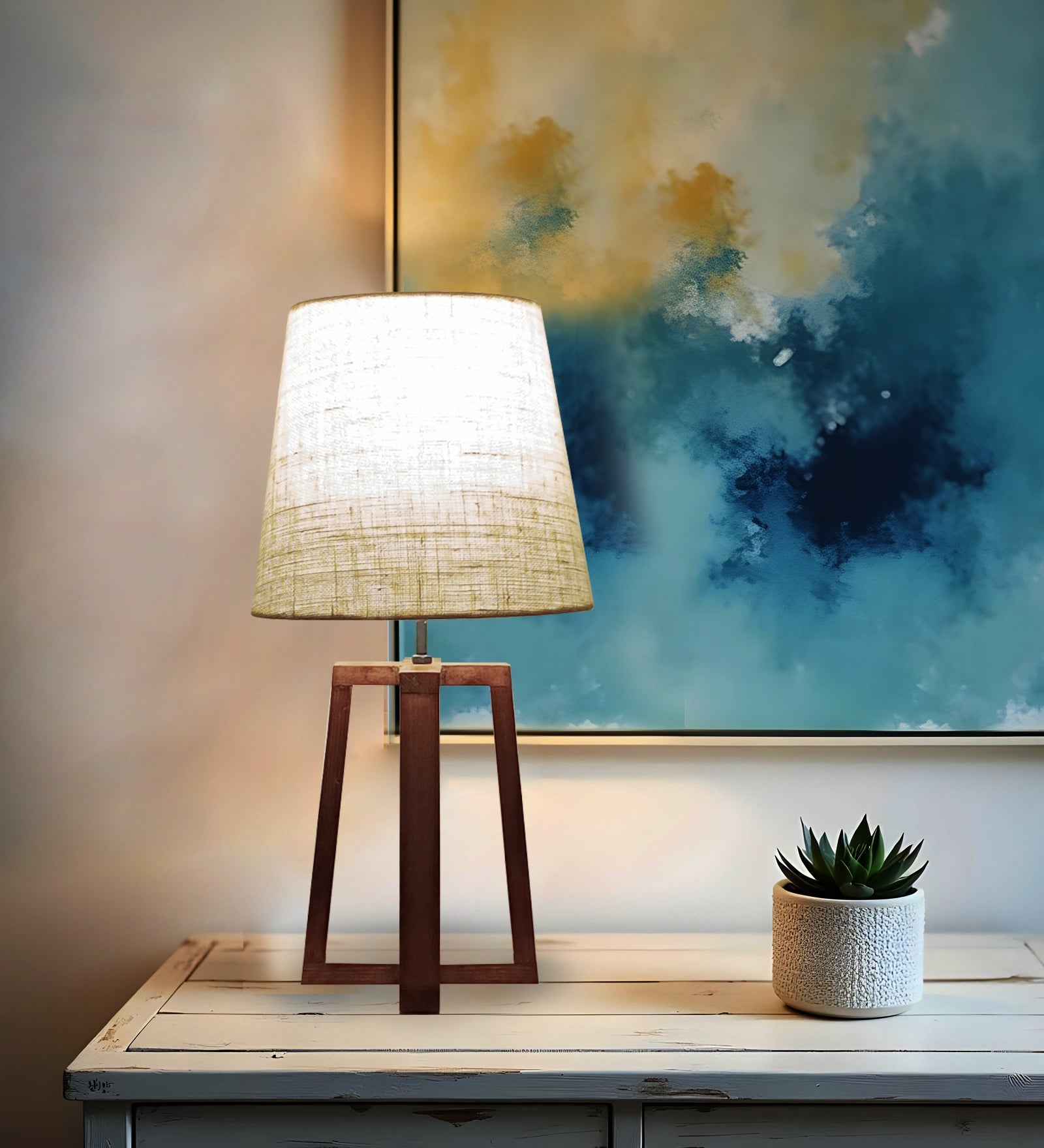 Blender Brown Wooden Table Lamp with White Fabric Lampshade - ArtyCraftz.com