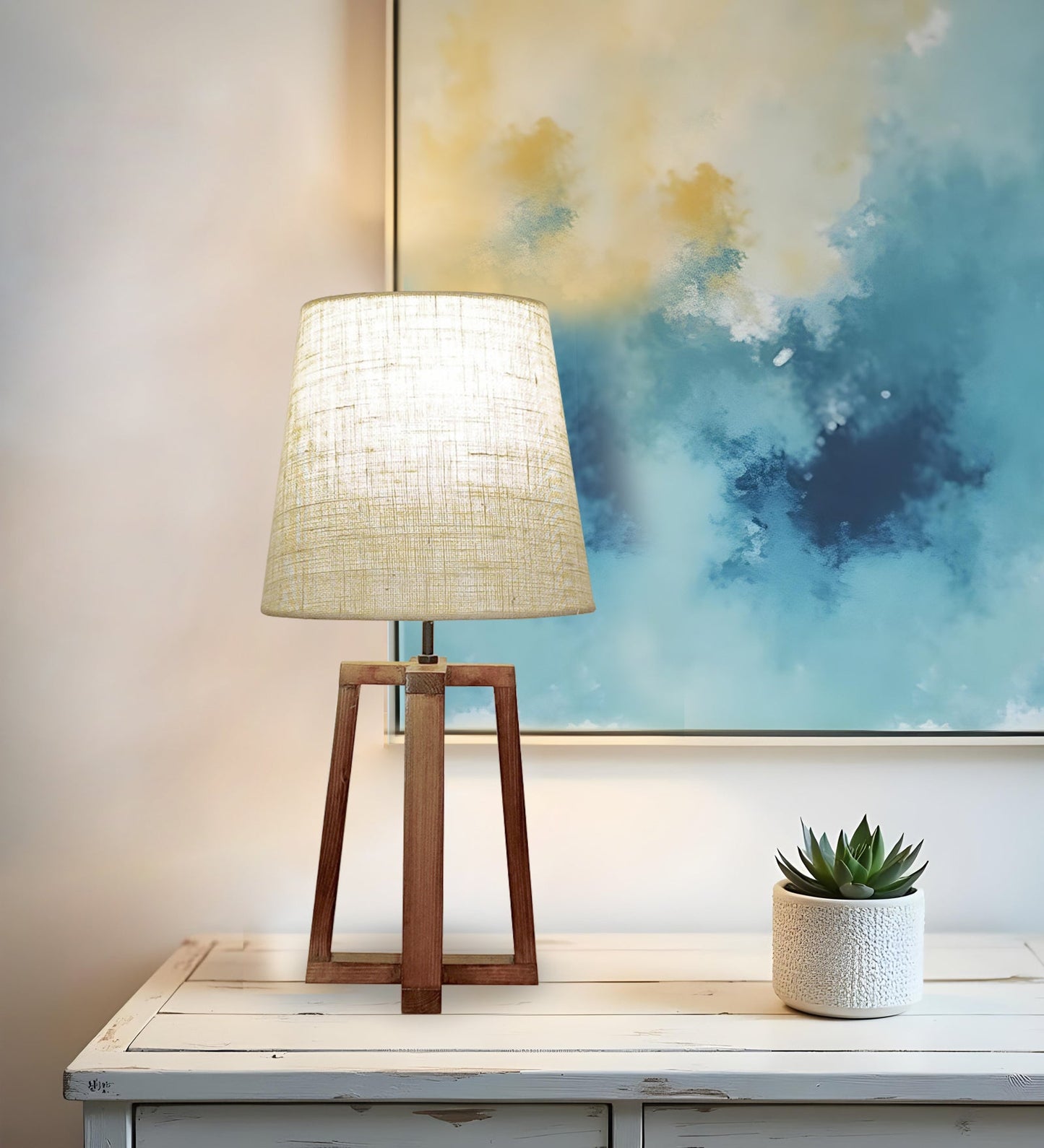 Blender Brown Wooden Table Lamp with White Fabric Lampshade - ArtyCraftz.com