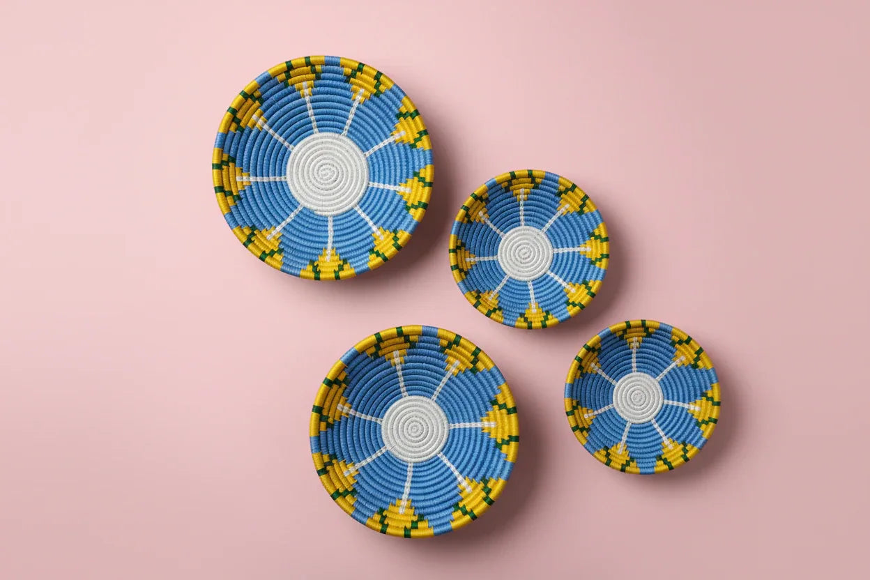 Blue Floral Yellow Sabai Grass Wall Plate – Handwoven Home Décor | 8" & 10" Sizes - ArtyCraftz.com
