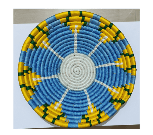 Blue Floral Yellow Sabai Grass Wall Plate – Handwoven Home Décor | 8" & 10" Sizes - ArtyCraftz.com