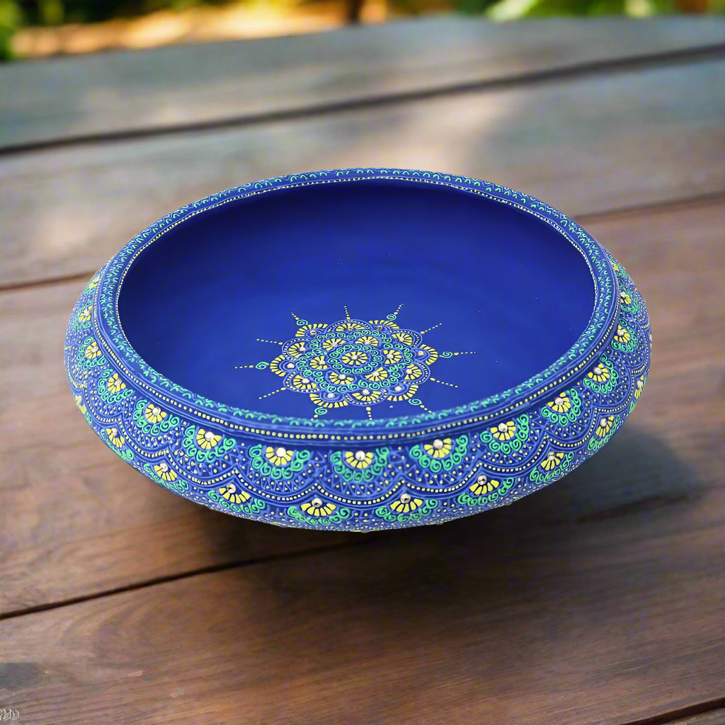 Blue Terracotta Urli with Golden Floral Motifs-ArtyCraftz.com