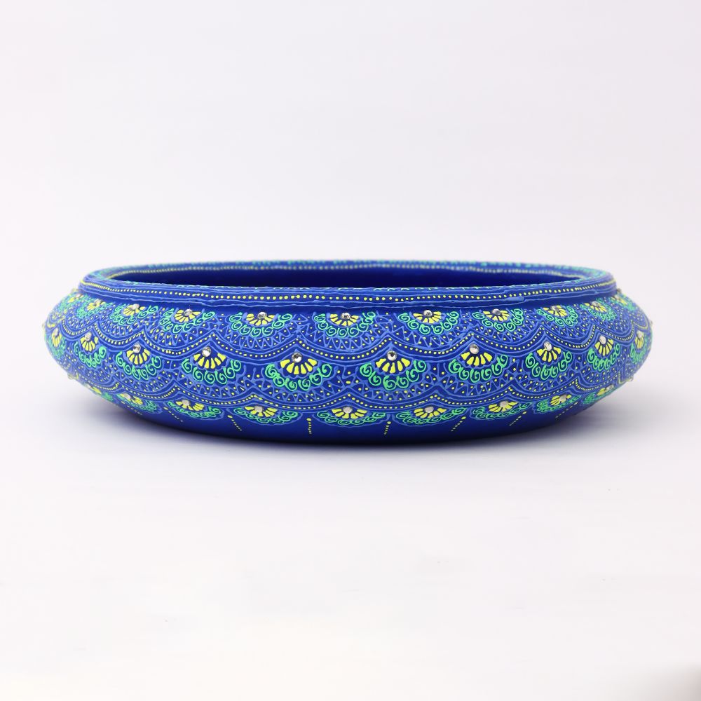 Blue Terracotta Urli with Golden Floral Motifs-ArtyCraftz.com