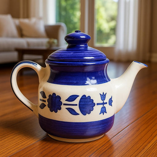 Blue and cream Khurja pottery teapot with lid and floral design, 14 cm high and 21 cm long-artycraftz.com