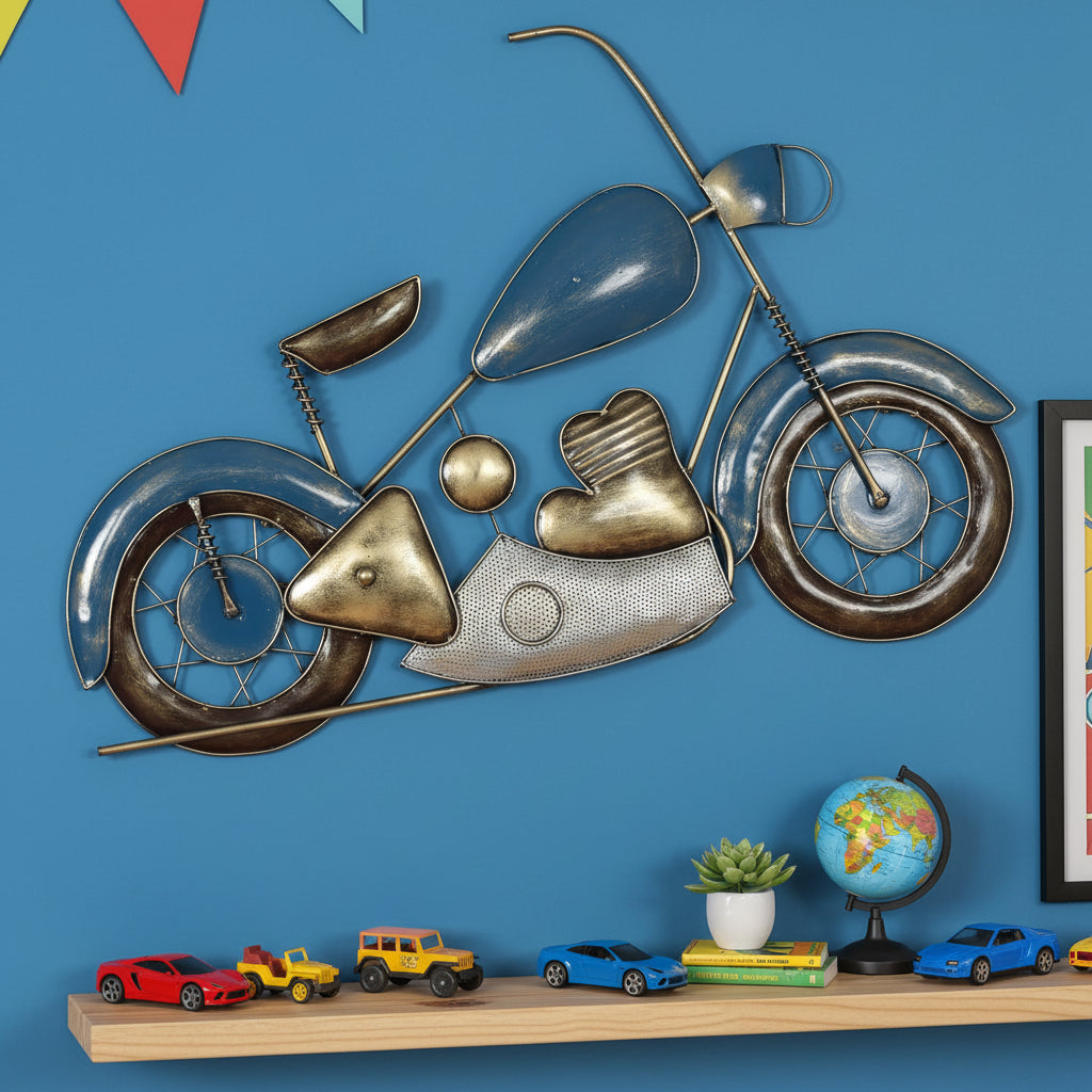 Blue and gold metal scooter wall art measuring 117 x 3 x 72 cm-ArtyCraftz.com
