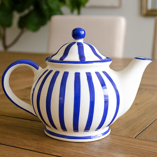 Blue and ivory Khurja pottery ceramic teapot with cobalt-blue stripes, curved spout, handle and matching lid-artycraftz.com