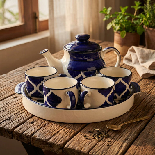 Blue and white Khurja pottery ceramic tea set featuring a 700 ml kettle, four 150 ml tea cups and a matching round serving tray-artycraftz.com