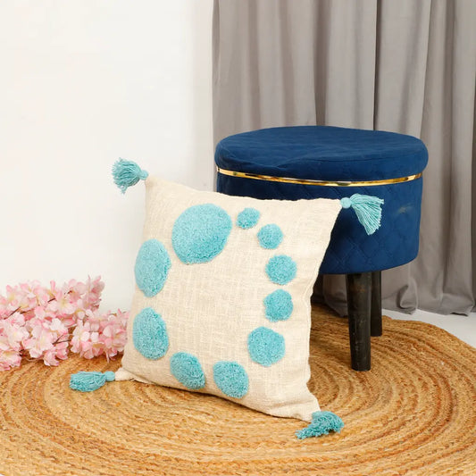 Boho-Chic Tufted Cushion Cover – Circle Spiral in Sky Blue & Off-White-ArtyCraftz.com